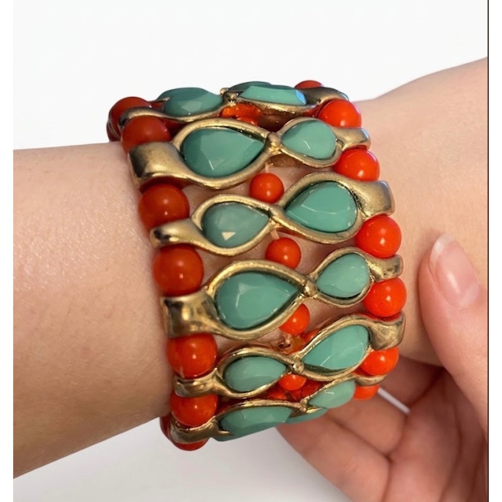 Stretch Cuff Statement Bracelet Turquoise Coral Gold Tone Beaded Statement